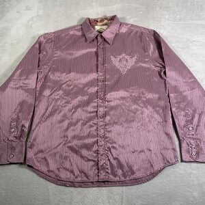 Platini Jeans Cougar Shirt Mens XL Pink Striped Embroidered Cross Rhinestone‎